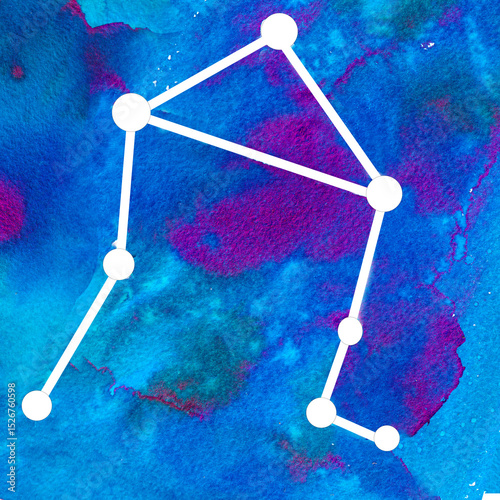 Astrology sign Libra on blue watercolor background Zodiac constellation with shiny star shapes Part of zodiacal system and ancient calendar Hand drawn template for astrology design, cards, horoscopes.