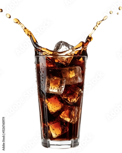 Refreshing cola drink with ice cubes splashing isolated on transparent background