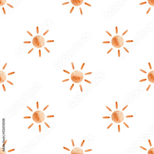 Seamless pattern with cute sun. Colorful bright sun children watercolor illustration.