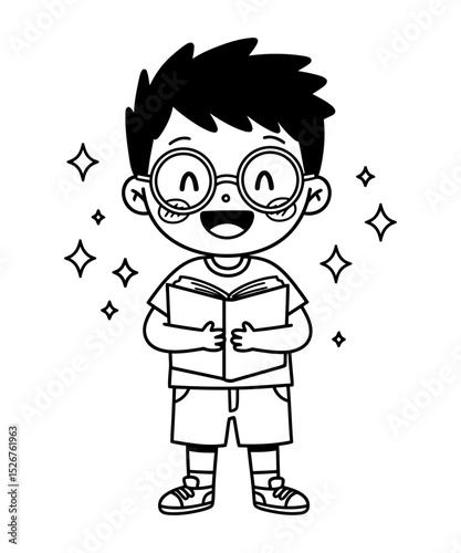 A happy boy with glasses is reading a book, surrounded by sparkling stars