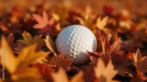 Golf ball rests among vibrant autumn leaves, showcasing beautiful contrast of colors. scene evokes sense of tranquility and seasonal change