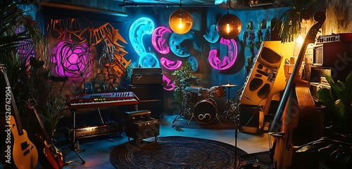 Underground music den with glowing lights abstract jazz setup and handmade decor