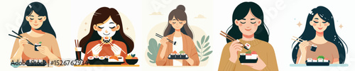vector character woman eating sushi