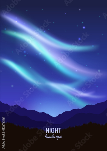 Northern lights in the dark sky. Silhouettes of mountain ranges and hills. Night landscape. Vector illustration.