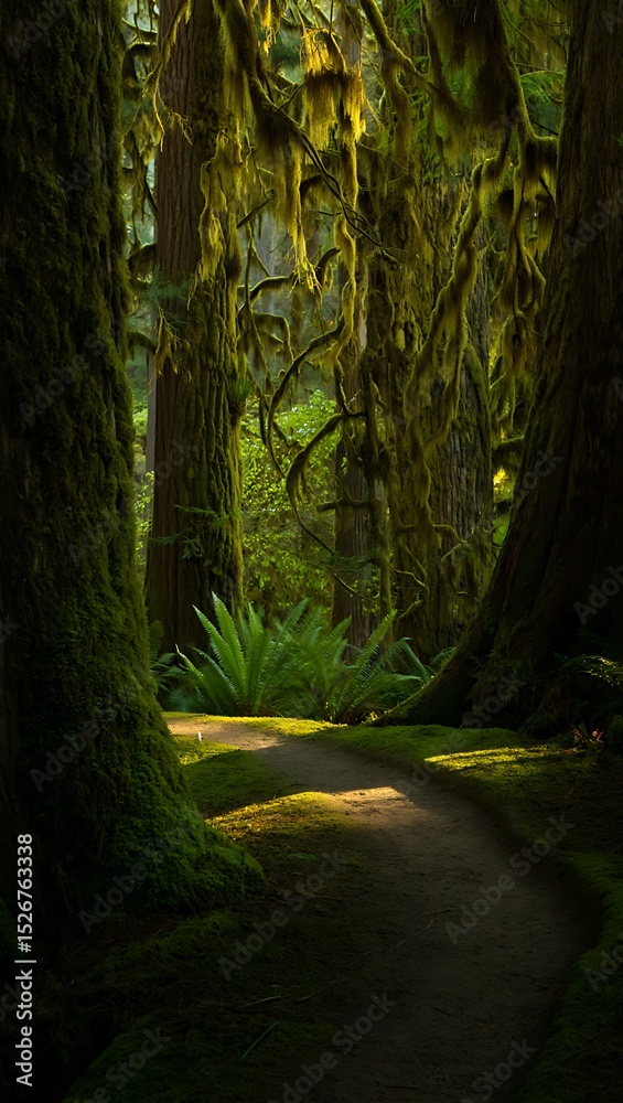 Obraz premium Enchanted Forest Path Moss-Draped Trees and Sunlit Trail