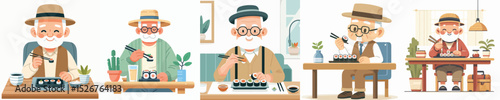 vector character grandpa eating sushi