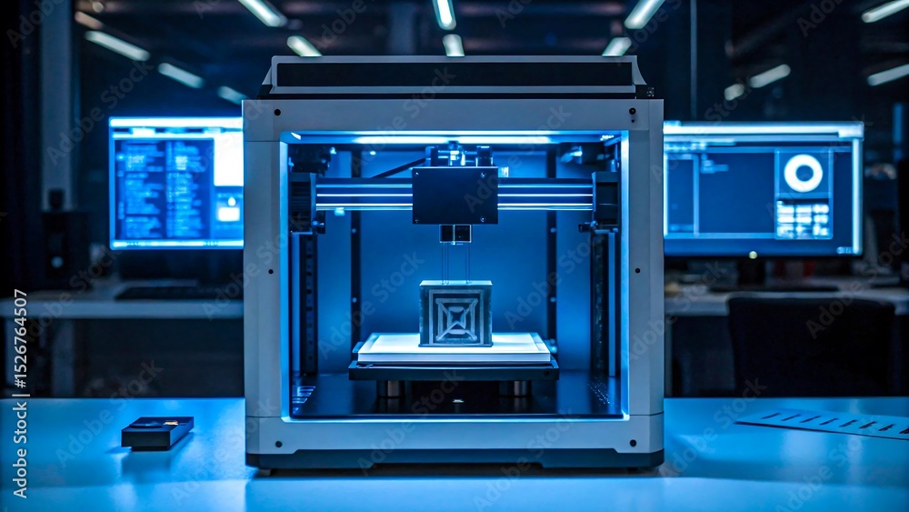 Naklejka premium Modern 3D Printer Creating Innovative Designs in a Tech Lab Setting