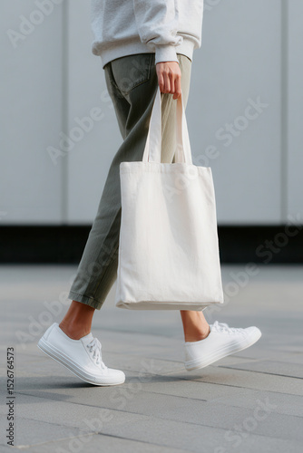 fashionable person carrying ecobag in modern urban setting emphasizing sustainability and style