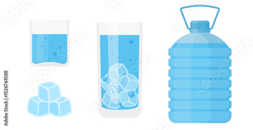 Water and Ice Collection Featuring Glasses of Water, Ice Cubes, and Large Water Bottle