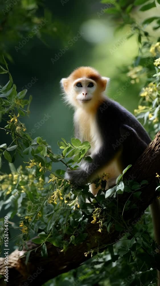 Red-shanked douc langur sitting on a branch in lush foliage, featuring vibrant orange face and expressive, human-like eyes in natural setting