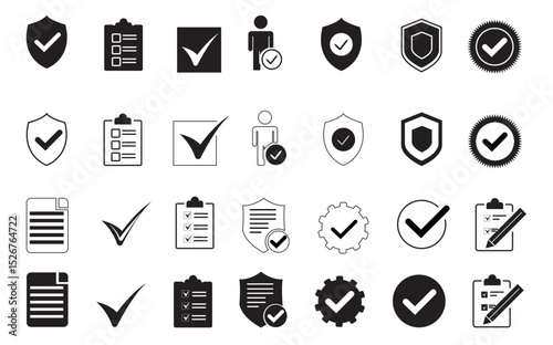 Collection of Check Mark Icons Checklist Approved Security Shield Document Protection Guarantee Quality Control Business Success Vector Graphics Set for Website App Design User Interface UX UI        