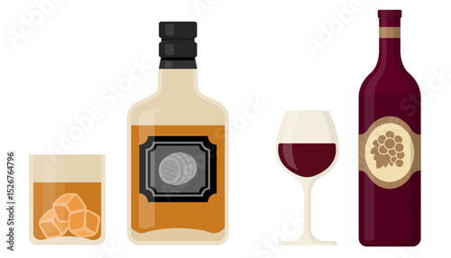 Whiskey and wine set with bottles and glasses