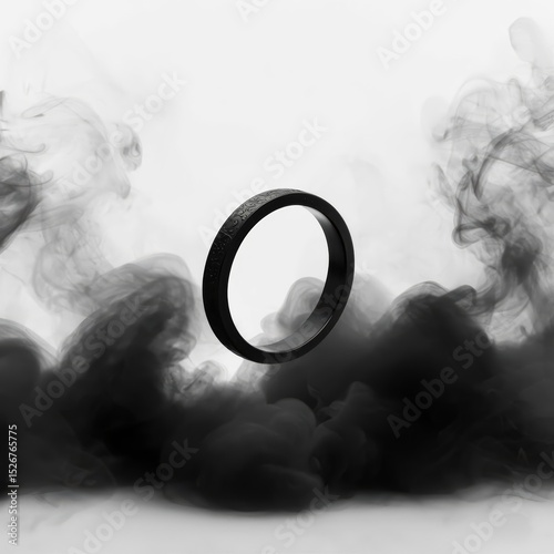 Elegant Black Ring Surrounded by Smoky Vapors Against a White Background