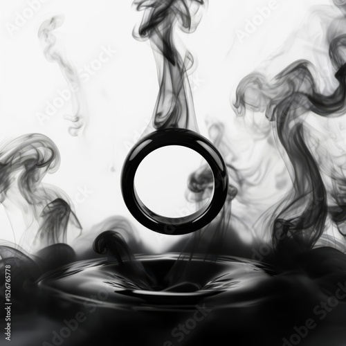 Elegant Black Ring Surrounded by Smoky Vapors Against a White Background