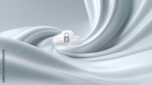 Soft silk fabric draped gracefully with a cloud symbolizing data security featuring a lock, representing technology and cyber protection in a stylish design