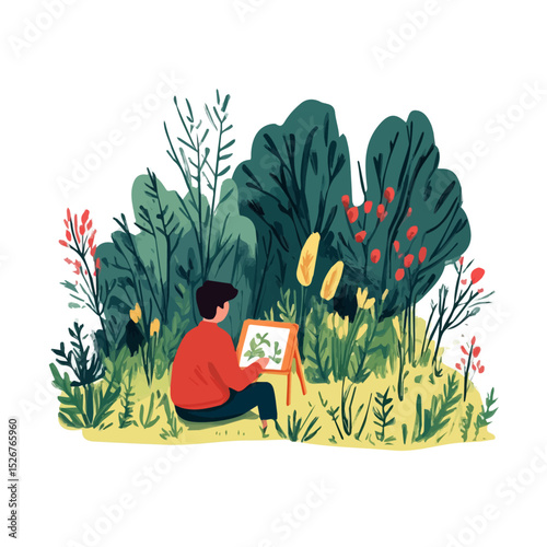 Artist Drawing Spring Outdoors 2D flat vector illustration, isolated on a white background.