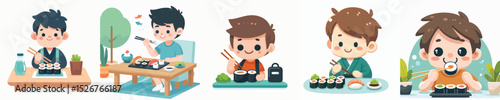 boy character vector eating sushi