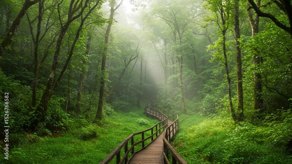 Forest boardwalk pathway in natural green environment serene woodland scene