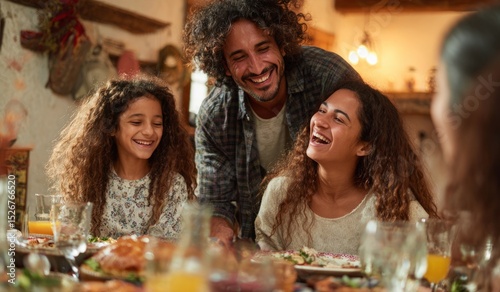 Photo of happy hispanic family laughing at the table, dad is standing behind mom and daughter while they both laugh out loud with joy, candid shot, warm colors, cozy home setting, candid photography s