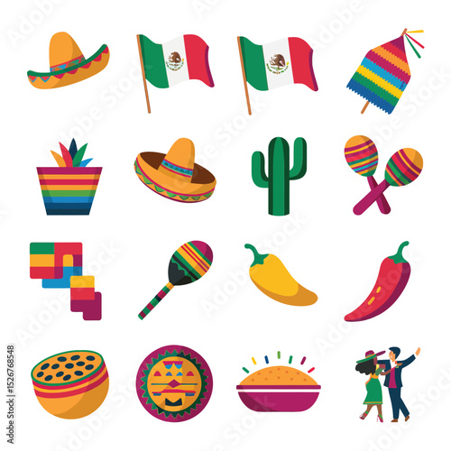 vector icons traditional Mexican Cinco de Mayo themes, Mariachi Hat, Flag, Mexican pride culture 
