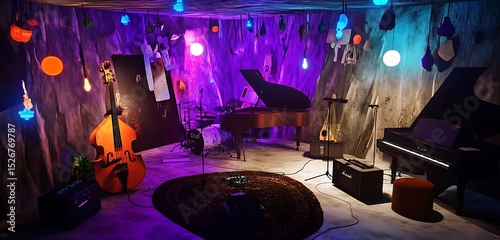 Underground music den with glowing lights abstract jazz setup and handmade decor