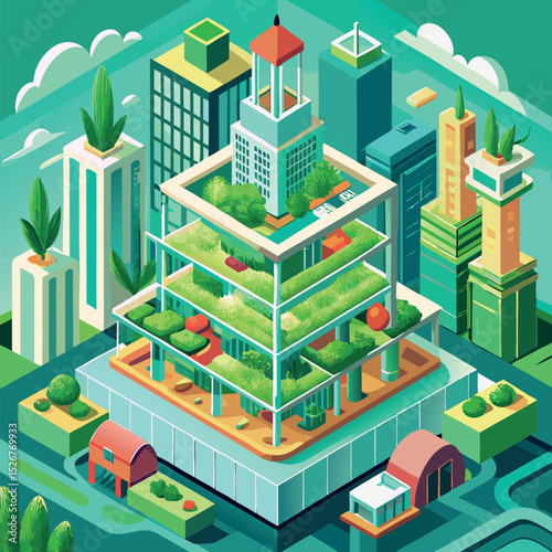 Isometric Vector of a City Skyline with Vertical Green Spaces  