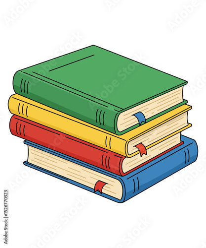 A stack of four books with colorful covers and bookmarks