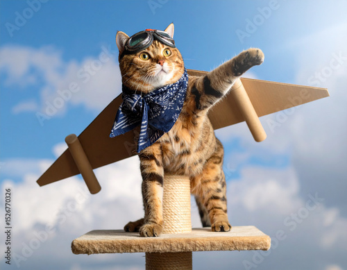Cat wearing an aviator scarf pretending to �fly� while climbing a small scratching post.