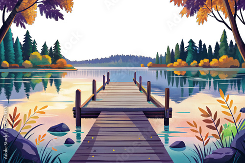 Vector illustration of a quiet pier stretching into a misty lake 
