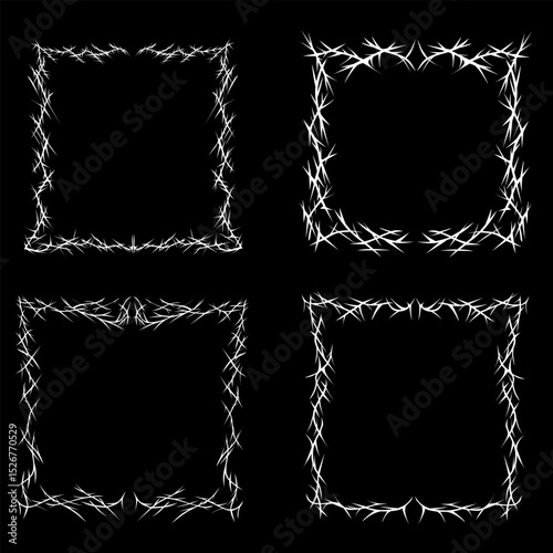 Barbed wire frames in grunge style, perfect for edgy designs, tattoo art, or dark-themed graphics with a rebellious aesthetic.