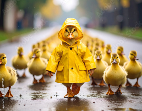 Feathered duck waddling in line with other baby ducks while wearing a tiny yellow raincoat.