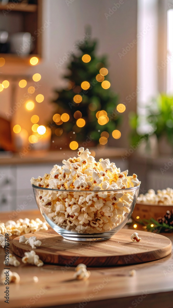 Naklejka premium Popcorn bouncing energetically inside a glass bowl under soft glowing kitchen lights during preparation.