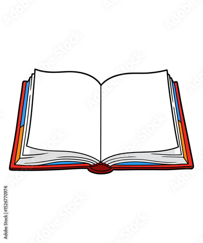 A cartoon drawing of an open book with blank pages, red cover, and colorful edges