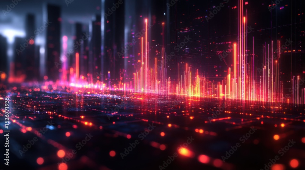 Fototapeta premium Futuristic Cityscape Neon Lights Digital Data and Glowing Skyscrapers at Night
