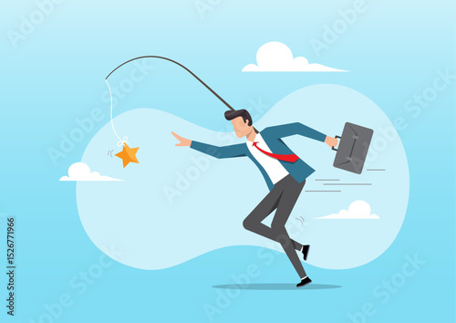 a businessman running with a briefcase while chasing a golden star