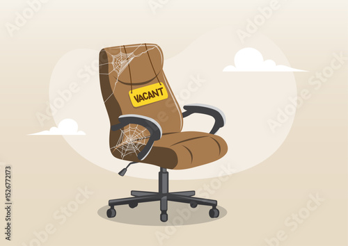 an empty office chair with spiderwebs and a “Vacant” sign 