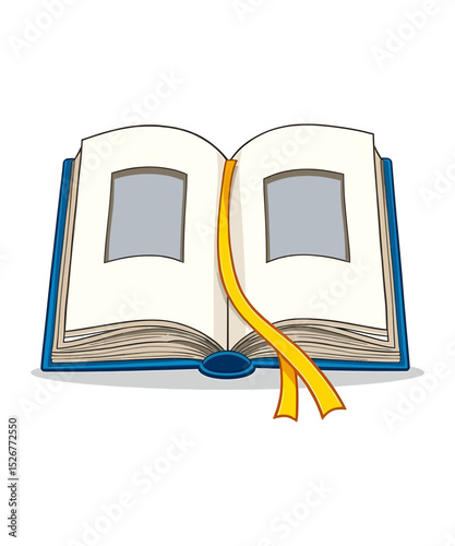 An open book with blank pages and a yellow ribbon bookmark, ready for your text or images.