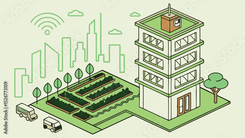 Precise Geometric Vector Art of a Multi-Level Vertical Farm  