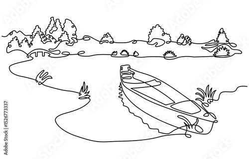 The most beautiful landscape. Wild nature. Wonderful lakes. High mountains. Vast forests. One continuous line. Linear.One continuous line drawn isolated, white background. 