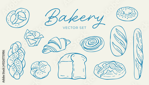 Hand drawn bakery set. Vector illustration of bread and pastry