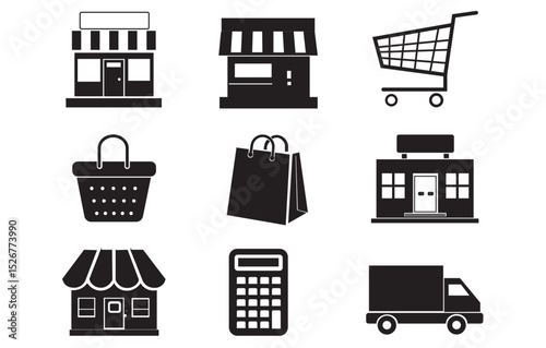Online Shopping Store Retail Business Icons Set Modern Simple Minimalist Design Elements for Website Mobile App E commerce Branding Graphics Vector Illustration Package Delivery Supermarket Shop Cart 