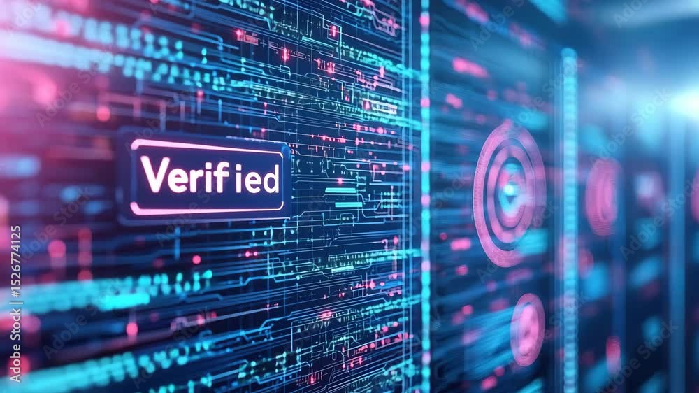 Verified digital interface with glowing circuit lines, futuristic technology, cyber security, data authentication, and secure online verification process, featuring modern network system and abstract