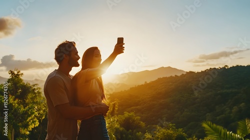 A couple taking a selfie together with a beautiful landscape in the background