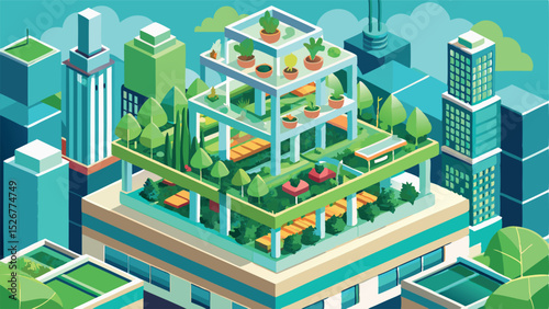 Stylized Vector Illustration of Green Spaces in a Vertical Farm  