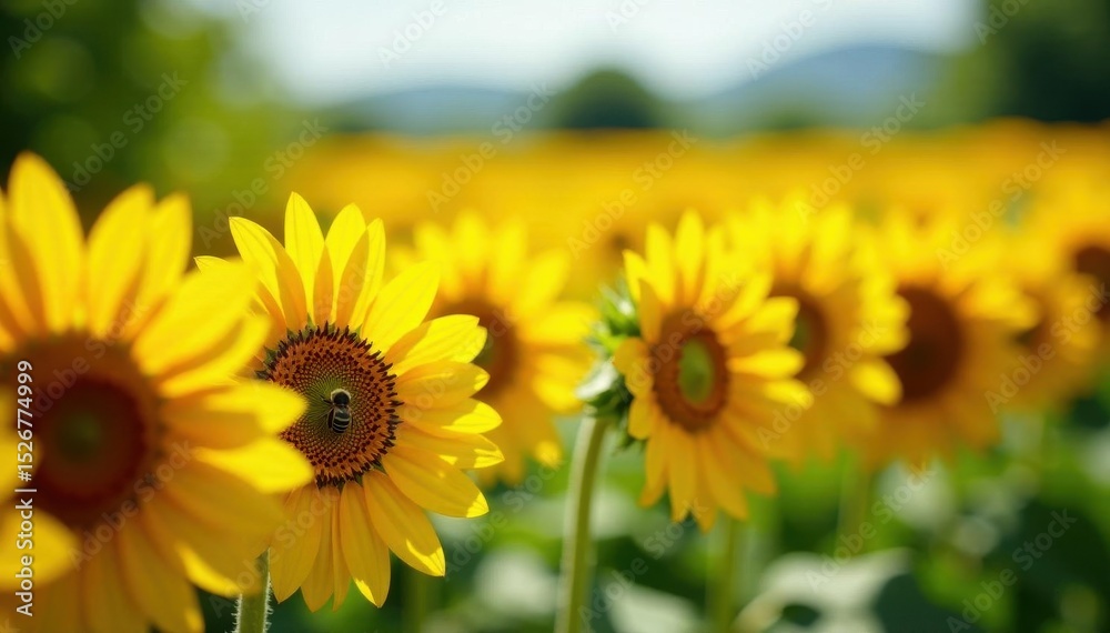 Fototapeta premium Vibrant sunflowers & busy bees in endless horizontal row , continuous pattern, pollination