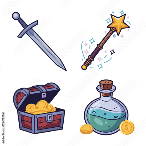  vector icons illustrating game assets and weapons in a sci-fi design
