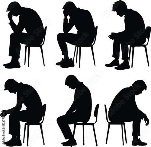 Silhouette of men sitting in distress on chairs