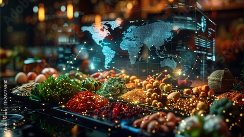 Fototapeta Naklejka Na Ścianę i Meble -  Global food supply chain concept with a holographic world map displayed over an assortment of fresh produce and grains.