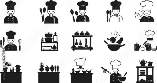 Set of black and white Chef and Kitchen icons. Silhouette flat design illustrations for Culinary, Restaurant, Menu projects.