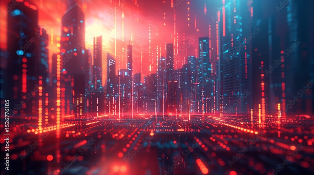Naklejka premium futuristic cityscape with vibrant red and blue hues, depicting a digital world, digital city, cyberpunk